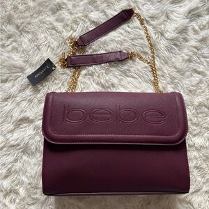 Bebe Wine Shoulder Bag with Gold Chain